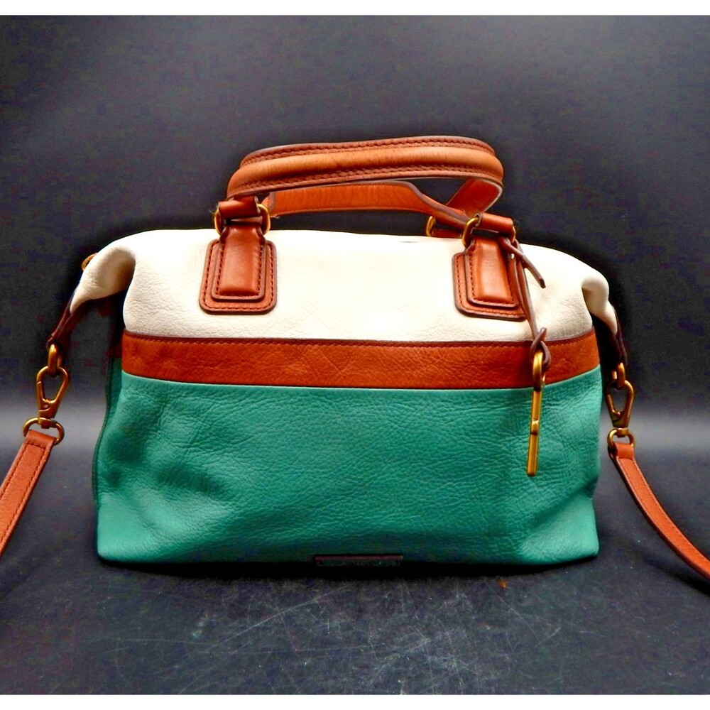 Fossil 1954 Julia Satchel Purse Multi Teal White Leather Handbag Brown Accent